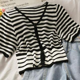 Short-sleeve Striped Knit Top Black - One Size