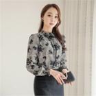Frill-neck Floral Print Check Blouse