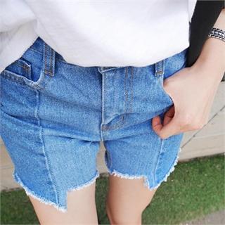 Asymmetric-hem Denim Shorts