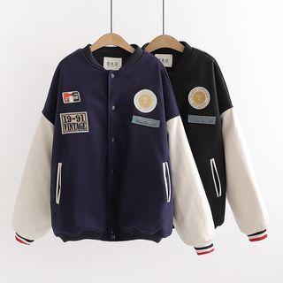 Panel Sleeve Applique Woolen Baseball Jacket