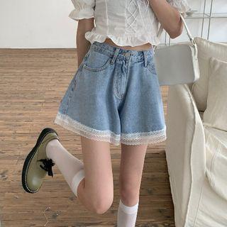 Lace Trim Denim Wide Leg Shorts