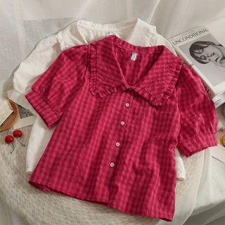 Checkerboard Ruffle-trim Crop Shirt