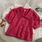 Checkerboard Ruffle-trim Crop Shirt