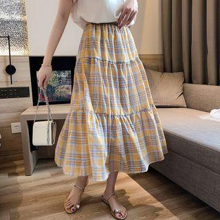 Shirred Plaid Midi A-line Skirt Plaid - Yellow - One Size