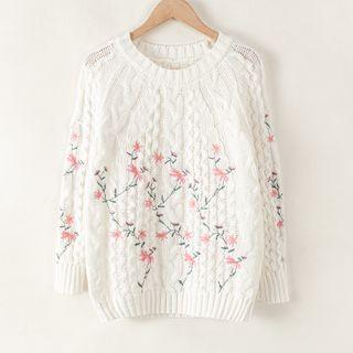 Long-sleeve Floral Printed Knit Sweater White - One Size