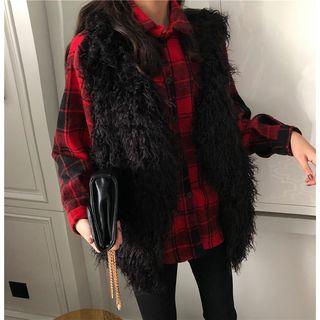 Furry Open-front Vest/ Plaid Shirt
