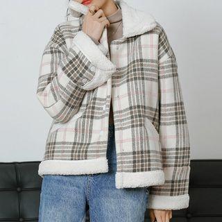 Fleece Trim Plaid Button-up Jacket