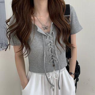Short-sleeve Plain Tie-strap Cropped T-shirt
