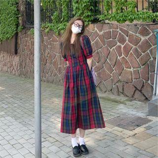 Short-sleeve Plaid Midi Dress Red & Navy Blue - One Size