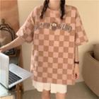 Elbow-sleeve Graphic Print Checkered T-shirt