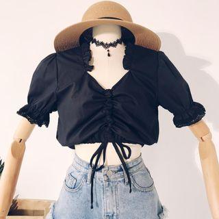 Short-sleeve Lace Trim Drawstring Blouse