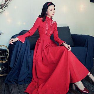 Long-sleeve Embroidered Frilled Maxi A-line Dress