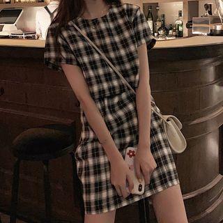 Short-sleeve Plaid Mini A-line Dress Plaid - One Size