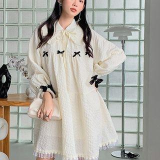 Long-sleeve Collared Ribbon Mini A-line Dress Milky Almond - One Size