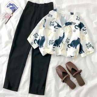 Cat Print Short-sleeve Shirt / Dress Pants