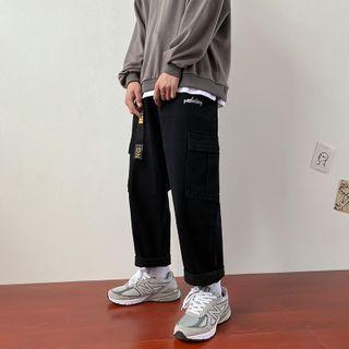 High-waist Letter Embroidered Cargo Jeans