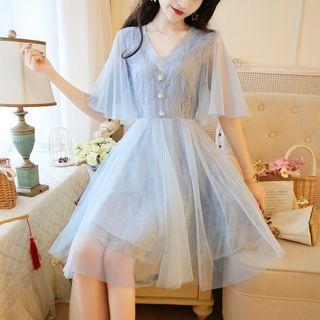 Bell-sleeve V-neck Mesh Panel A-line Dress