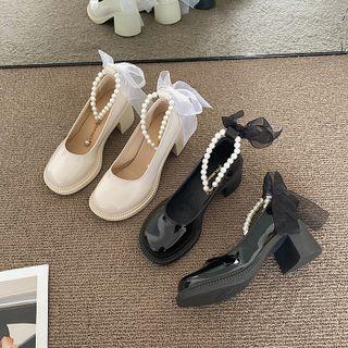 Chunky Heel Mesh Bow Mary Jane Shoes