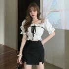 Puff-sleeve Lace Trim Crop Top / Fitted Mini Skirt