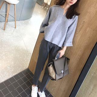 Set: 3/4 Sleeve V-neck Top + Straight Leg Pants