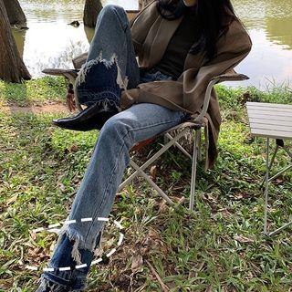 High-waist Washed Ripped Boot-cut Jeans