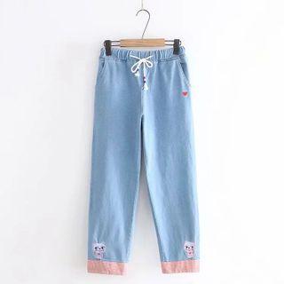 Elastic-waist Cat Embroidered Jeans