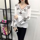 Embroidered V-neck Long Sleeve Chiffon Top