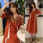 Elbow-sleeve Embroidered Fringed Midi Dress Brick Red - One Size