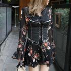 Set: Long-sleeve Floral A-line Dress + Denim Vest + Slipdress