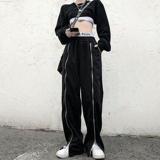 Lettering Zip-up Wide-leg Pants