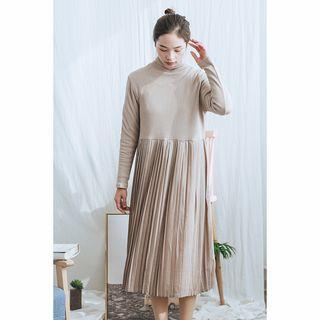 Turtleneck Long-sleeve A-line Midi Dress Nude - One Size