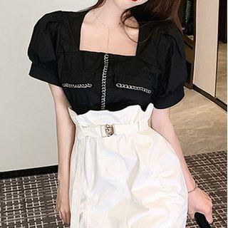 Chain Short-sleeve Blouse Black - One Size