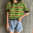 Short-sleeve Heart Printed Open Knit Top Green - One Size