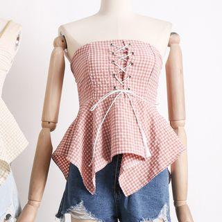 Asymmetric-hem Cross-strap Plaid Tube Top