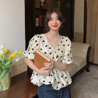 V-neck Printed Heart Cropped Blouse Almond - One Size