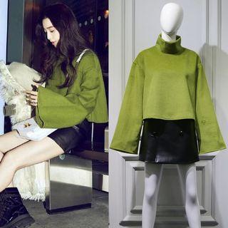 Mock Nect Bell-sleeve Top / Button Front Faux-leather Miniskirt