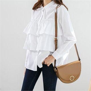 Mandarin-collar Frill-front Shirt