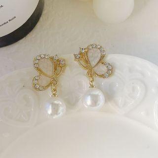Rhinestone Faux Pearl Butterfly Drop Earring 1 Pair - Gold - One Size
