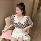 Floral Short-sleeve Top / Ruffle Trim A-line Skirt