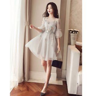Elbow-sleeve Sheer A-line Dress