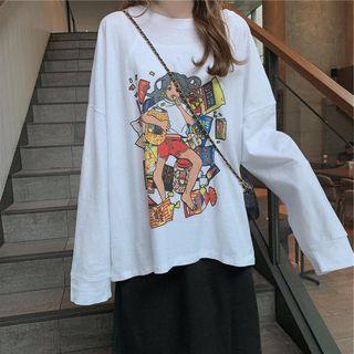 Long-sleeve Cartoon Printed Tee / High-waist Plain Skirt