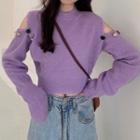 Cold-shoulder Semi Turtle-neck Crop Knitted Sweater