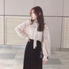 Long-sleeve Loose-fit Lace Blouse / Velvet Skirt