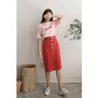Button-front Stitched Linen H-line Skirt