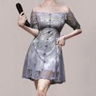 Short-sleeve Off-shoulder Lace Mini A-line Dress