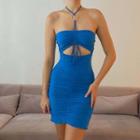 Sleeveless Plain Cutout Slim-fit Halter Mini Dress
