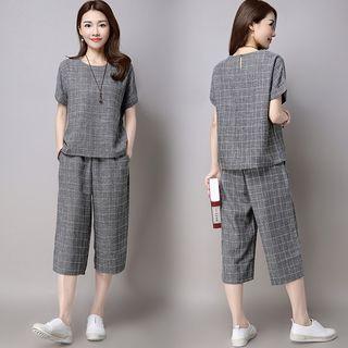 Set: Short-sleeve Plaid Top + Plaid Wide Leg Pants