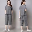 Set: Short-sleeve Plaid Top + Plaid Wide Leg Pants