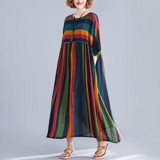 Elbow-sleeve Striped Midi A-line Dress Orange & Pink & Blue - One Size