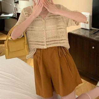 Short-sleeve Pointelle Knit Top Almond - One Size